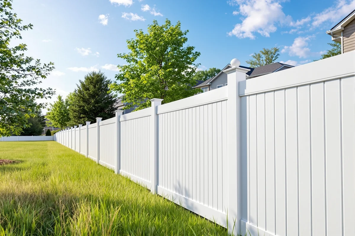 White vinyl privacy fence along a sunny suburban lawn — RKC Wood Care Pros
