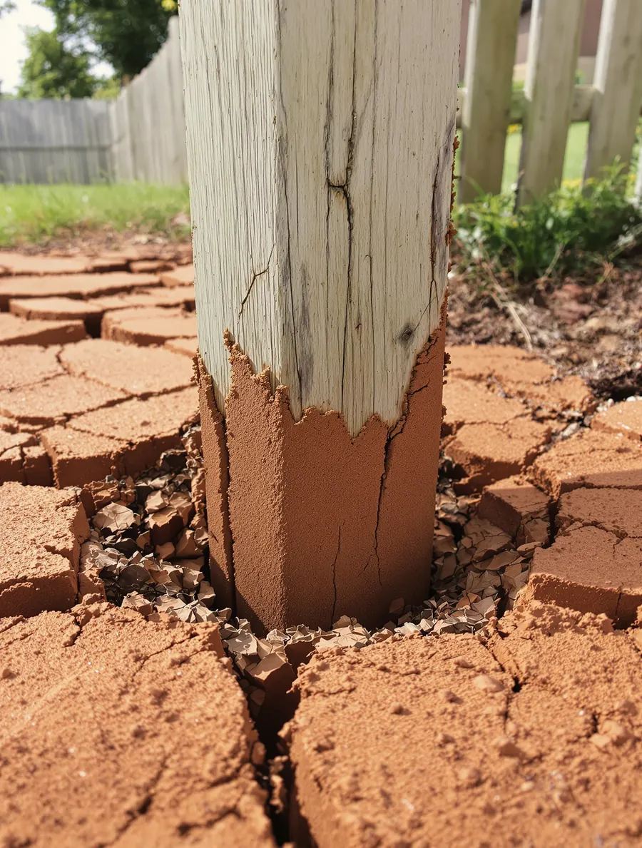 Wymore-Grundy clay soil cracked and pulled away from a fence post base in the Kansas City metro — RKC Wood Care Pros