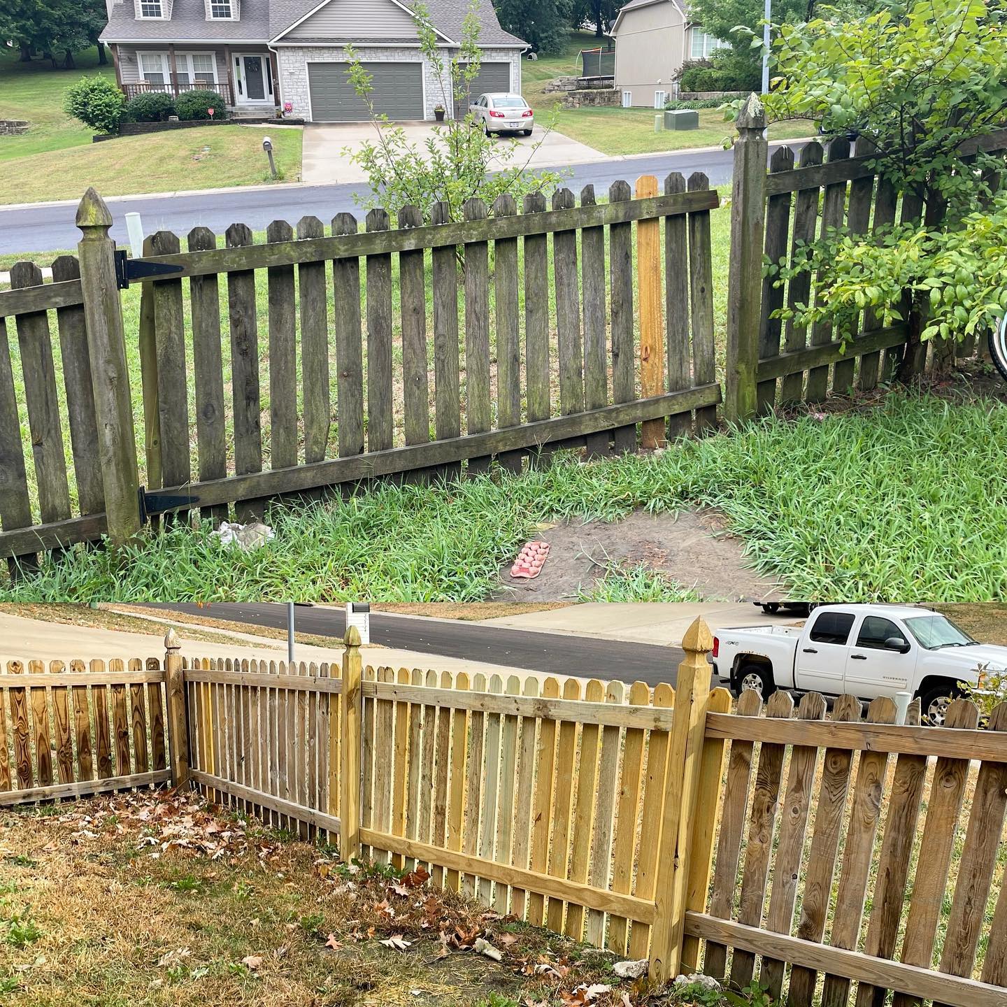 Before-and-after wood picket fence repair showing weathered and restored sections in Kansas City — RKC Wood Care Pros