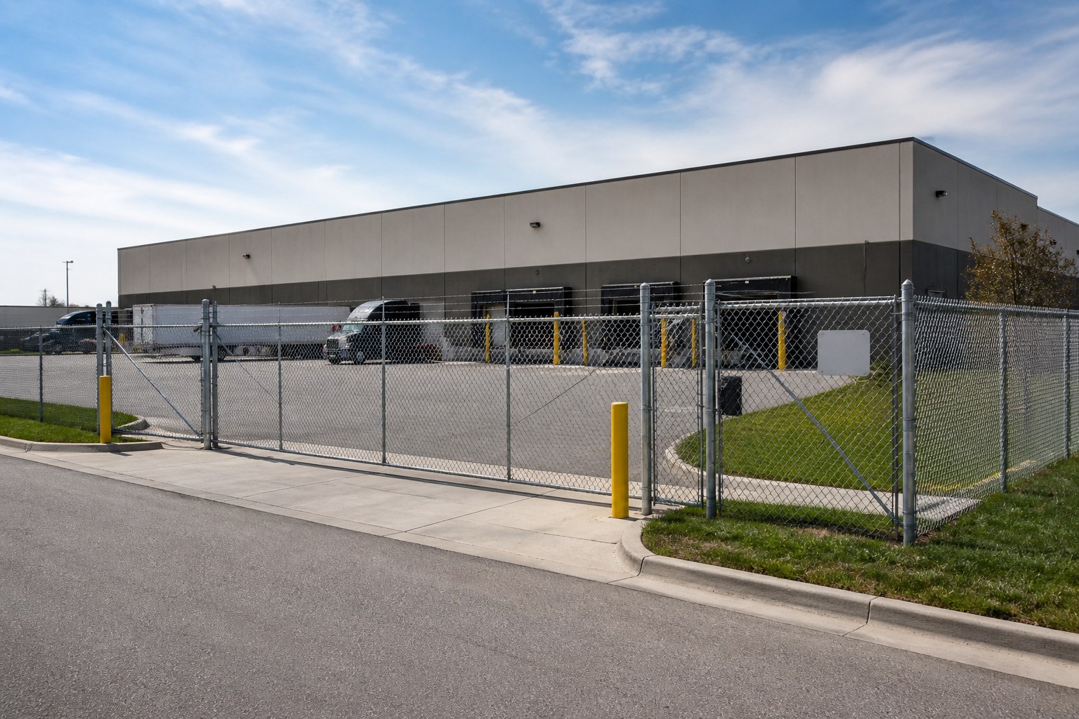 Galvanized chain link fence with commercial slide gate at a Kansas City warehouse — RKC Wood Care Pros