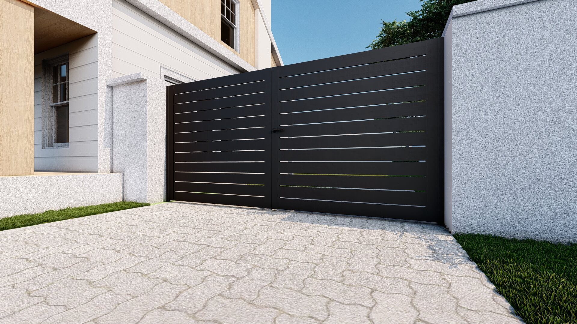 Black aluminum horizontal-slat double driveway gate at a Kansas City home — RKC Wood Care Pros