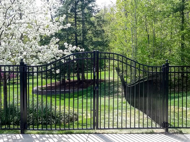 Black ornamental double gate with arched top rail in a landscaped Kansas City yard — RKC Wood Care Pros