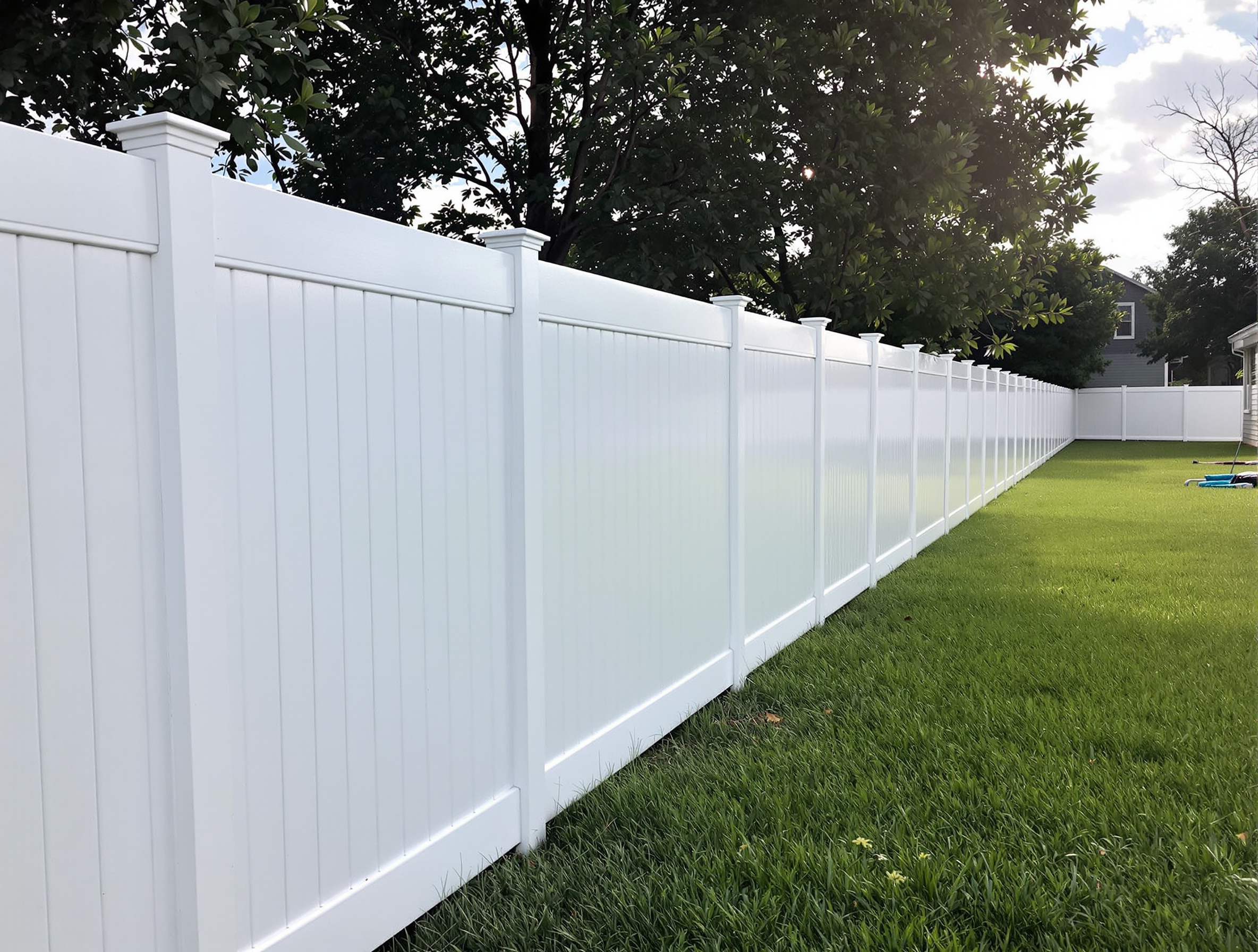 White UV-stabilized vinyl tongue-and-groove privacy fence along a Kansas City property line — RKC Wood Care Pros