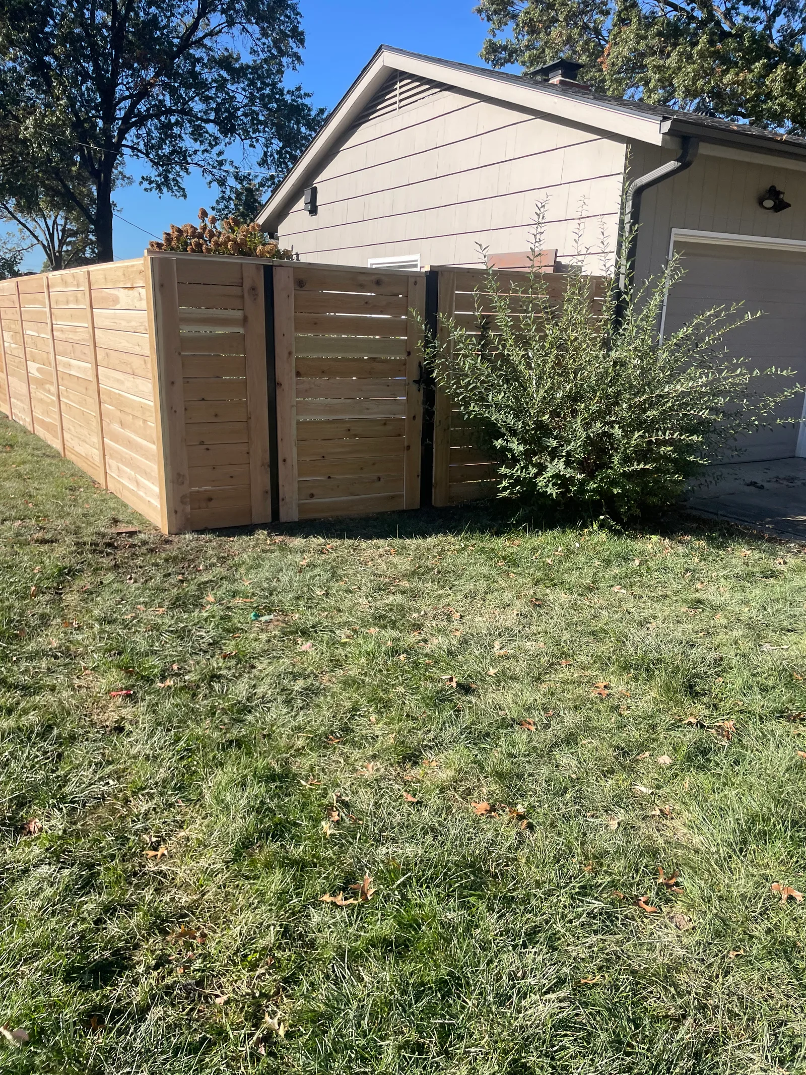 New cedar privacy fence with walk gate installed in Mission, KS — autumn light, clean new boards