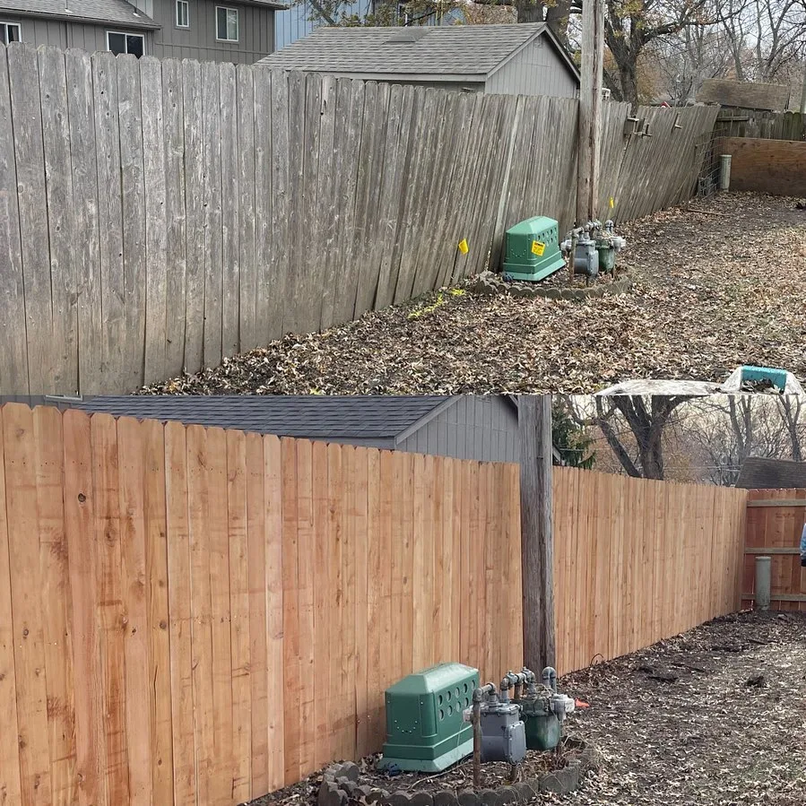 Before-and-after fence replacement in Lenexa, KS — top: old gray falling fence, bottom: new cedar fence with dark metal posts