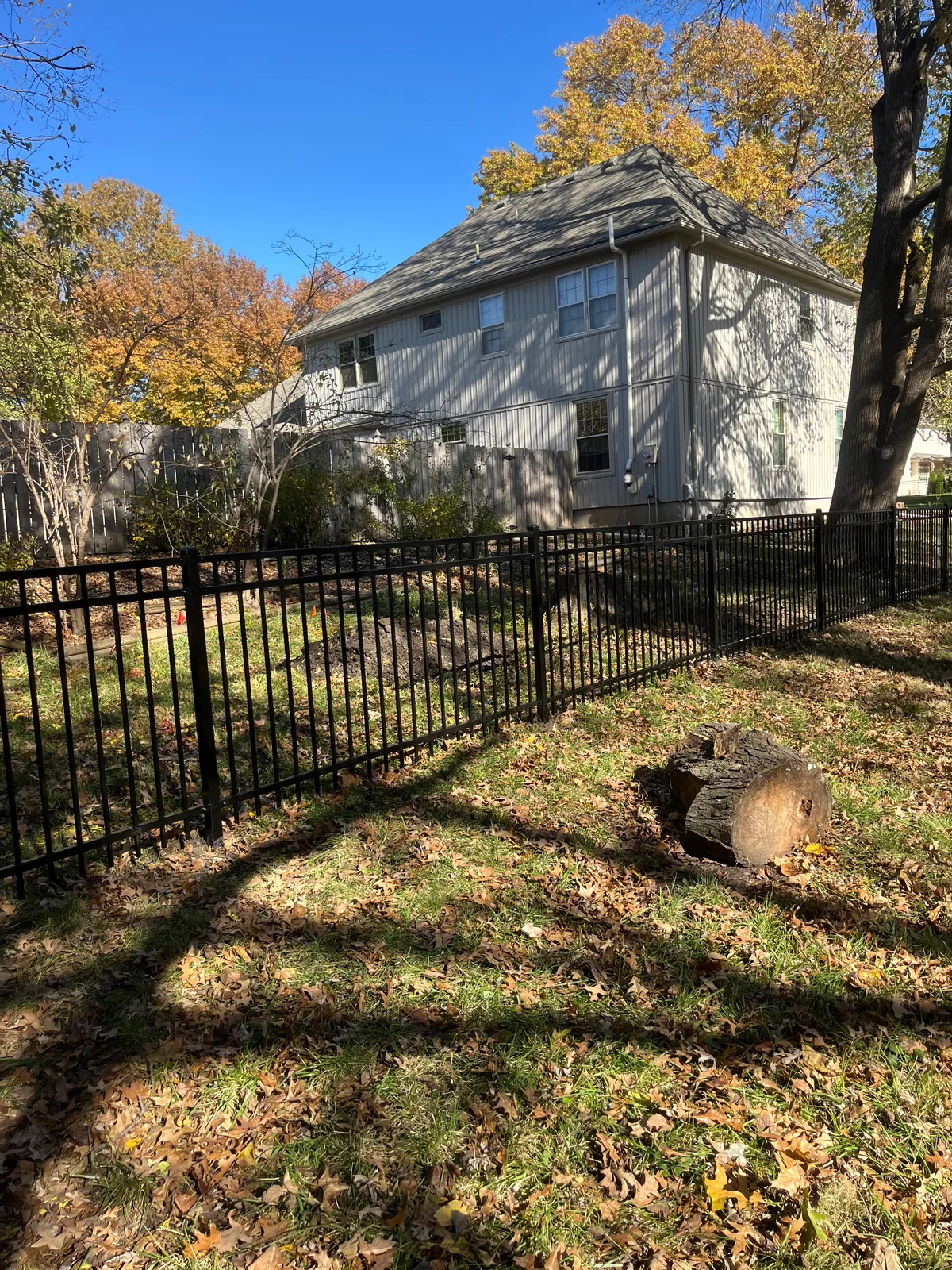 Close view of black iron fence panels between trees in Lee's Summit, MO fall foliage setting