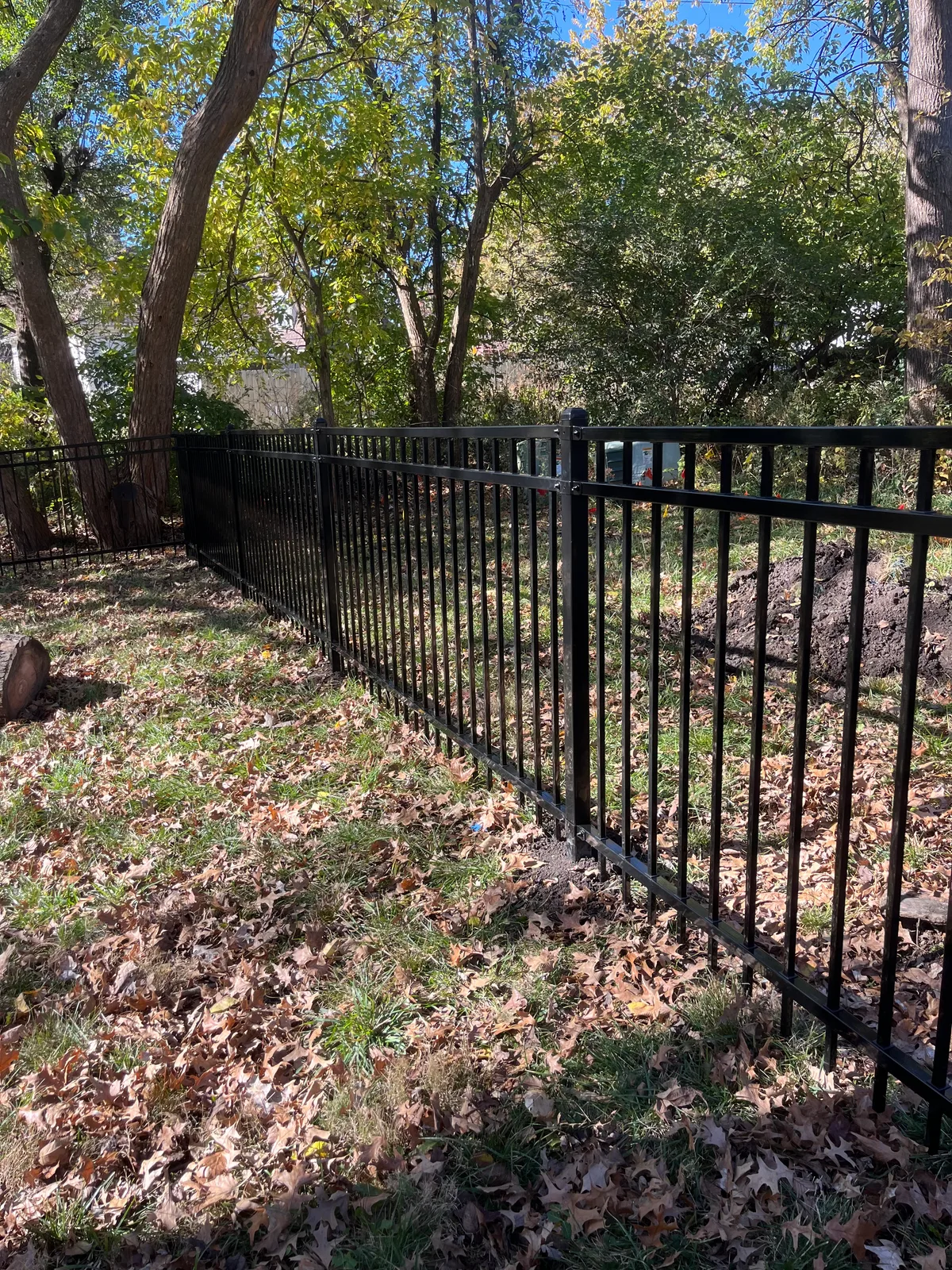 Far end view of iron fence line through wooded lot in Lee's Summit, MO — overcast autumn sky