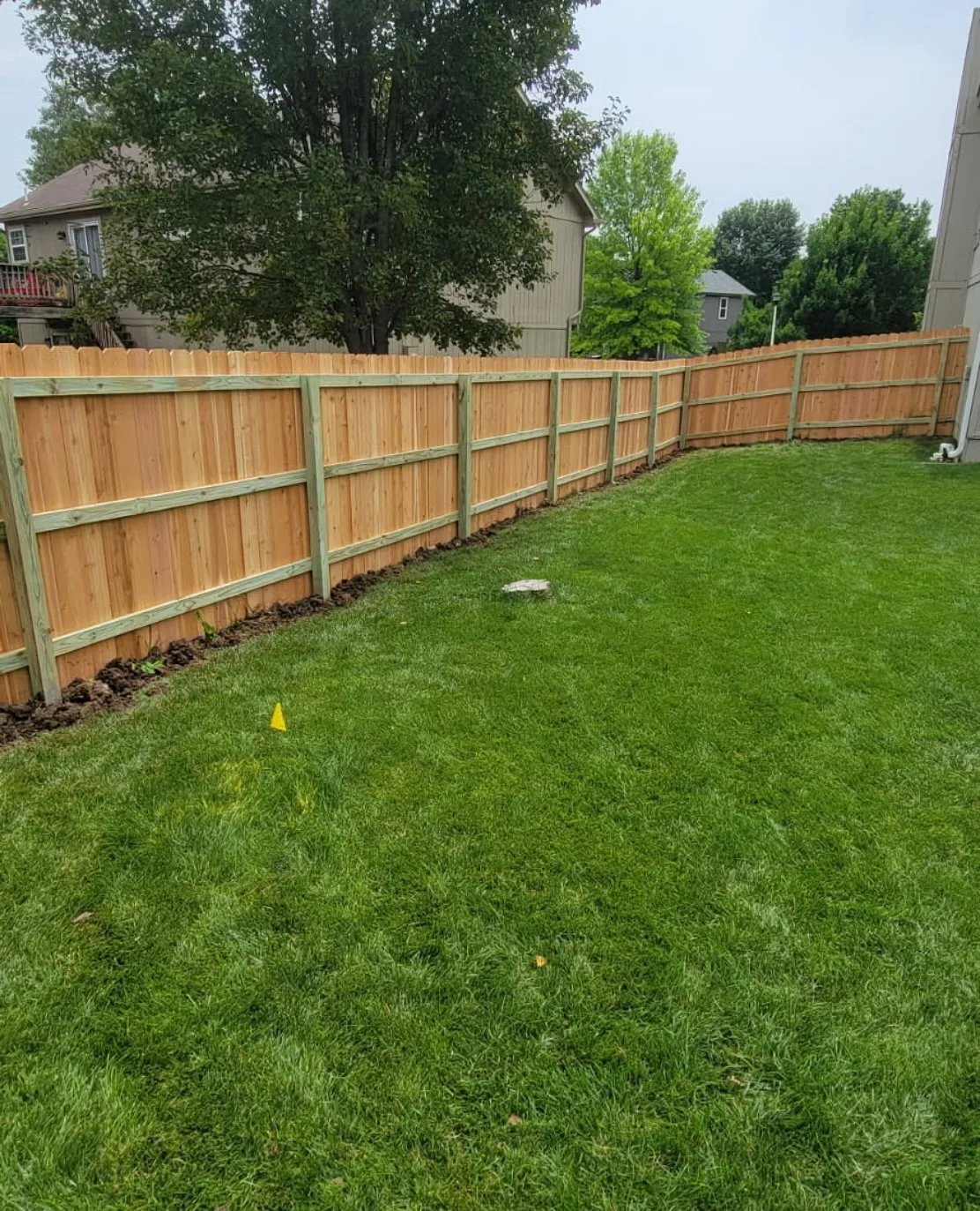 New cedar board-on-board privacy fence in Raymore, MO backyard — lush green grass, summer