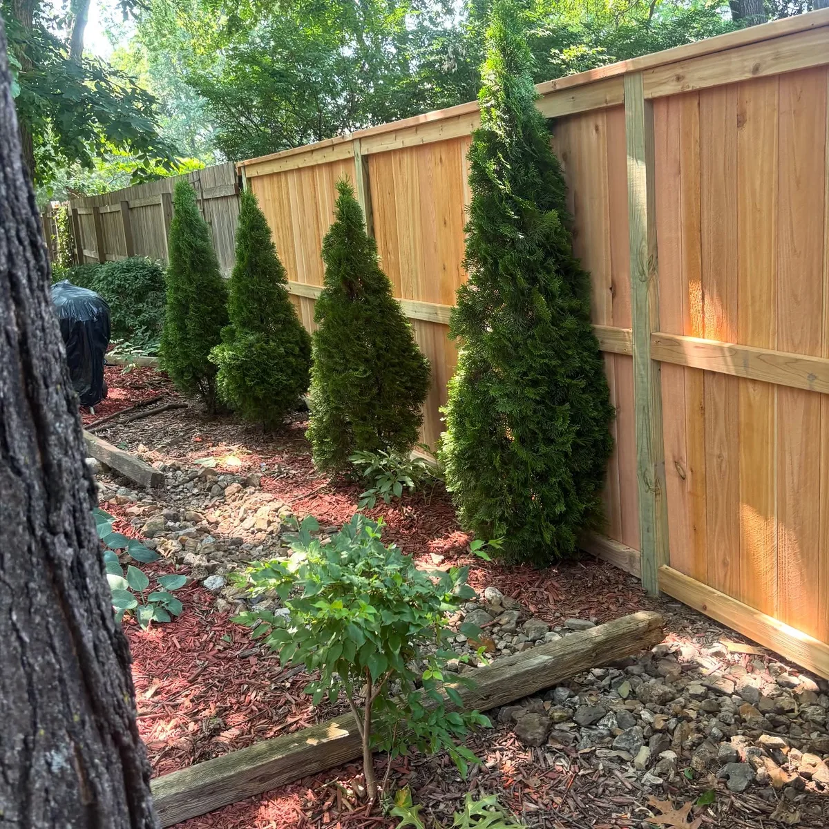 Side view of cedar privacy fence corner detail in Raymore, MO — suburban neighborhood